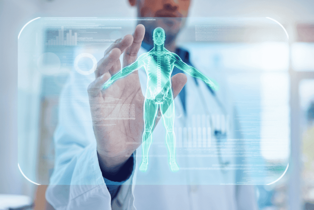 Doctor using a touchscreen hologram showing a full-body 3D medical scan.