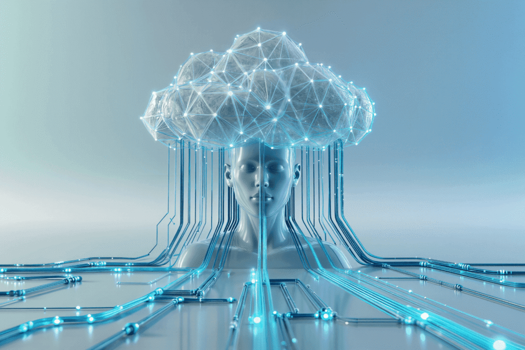 Abstract human figure connected to a glowing cloud network, representing cloud-based artificial intelligence.