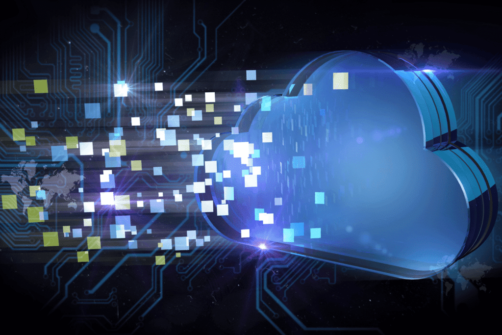 Abstract illustration of cloud computing, with a blue cloud shape and streams of glowing data blocks flowing through digital circuit patterns.