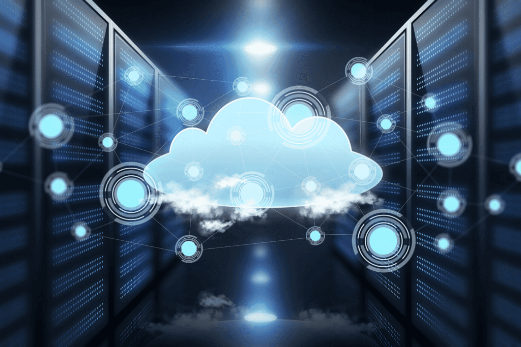 Futuristic cloud computing visualization showing a glowing cloud icon connected to multiple network nodes, floating between rows of data servers in a dark data center