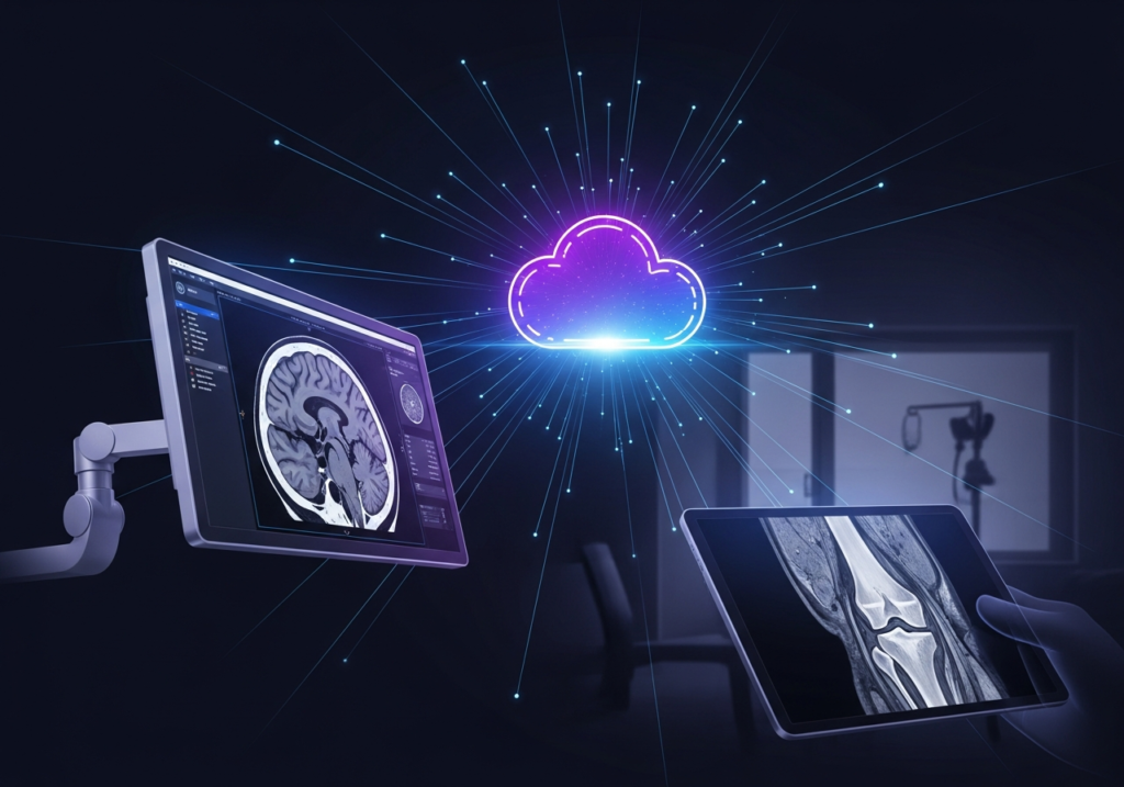 Cloud-based medical imaging dashboard showing DICOM scans accessible across multiple devices and clinic locations