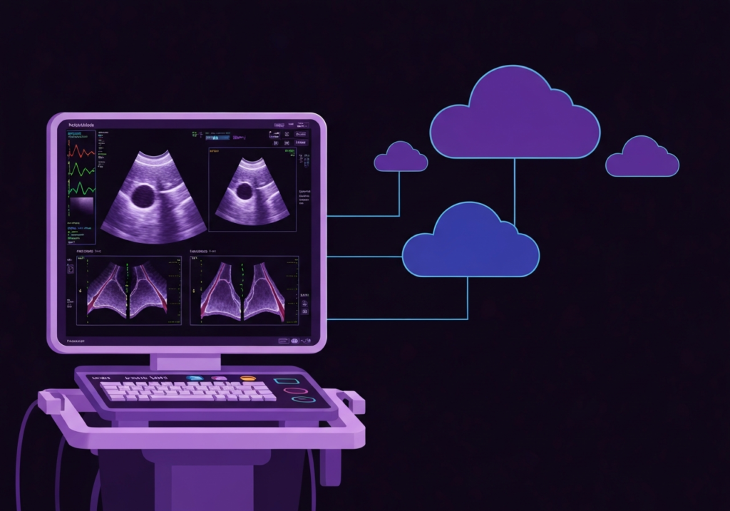 Digital illustration of a vascular imaging workstation with cloud PACS displaying arterial scans and diagnostic data
