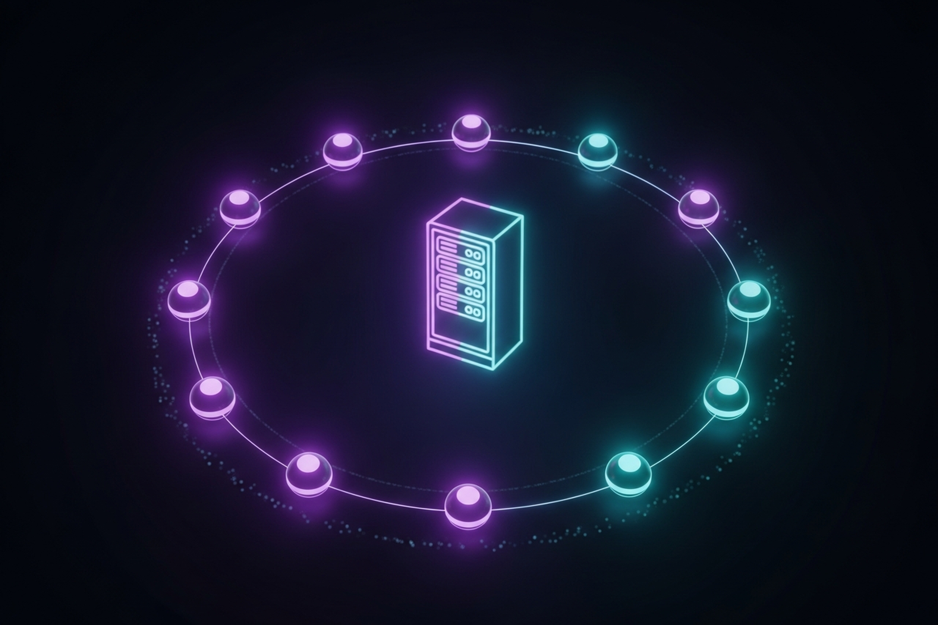 Twelve glowing nodes arranged in a circular ring around a central PACS server silhouette, connected by thin arcs of purple and cyan light, representing a twelve month compliance cycle
