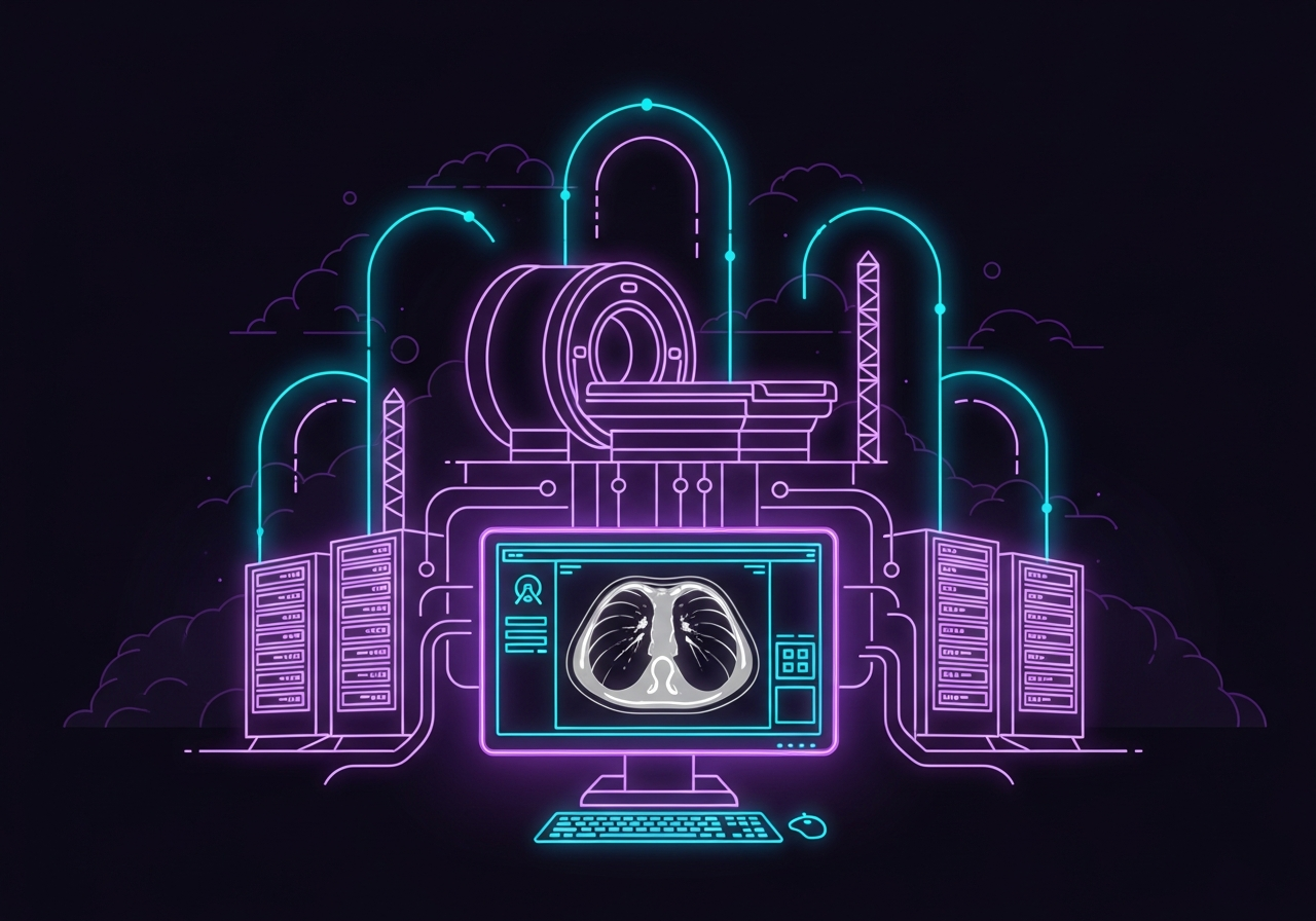 Dark cinematic neon-line illustration of a radiology workstation displaying a chest CT scan, connected by glowing purple and cyan arcs to server racks and an MRI scanner outline above