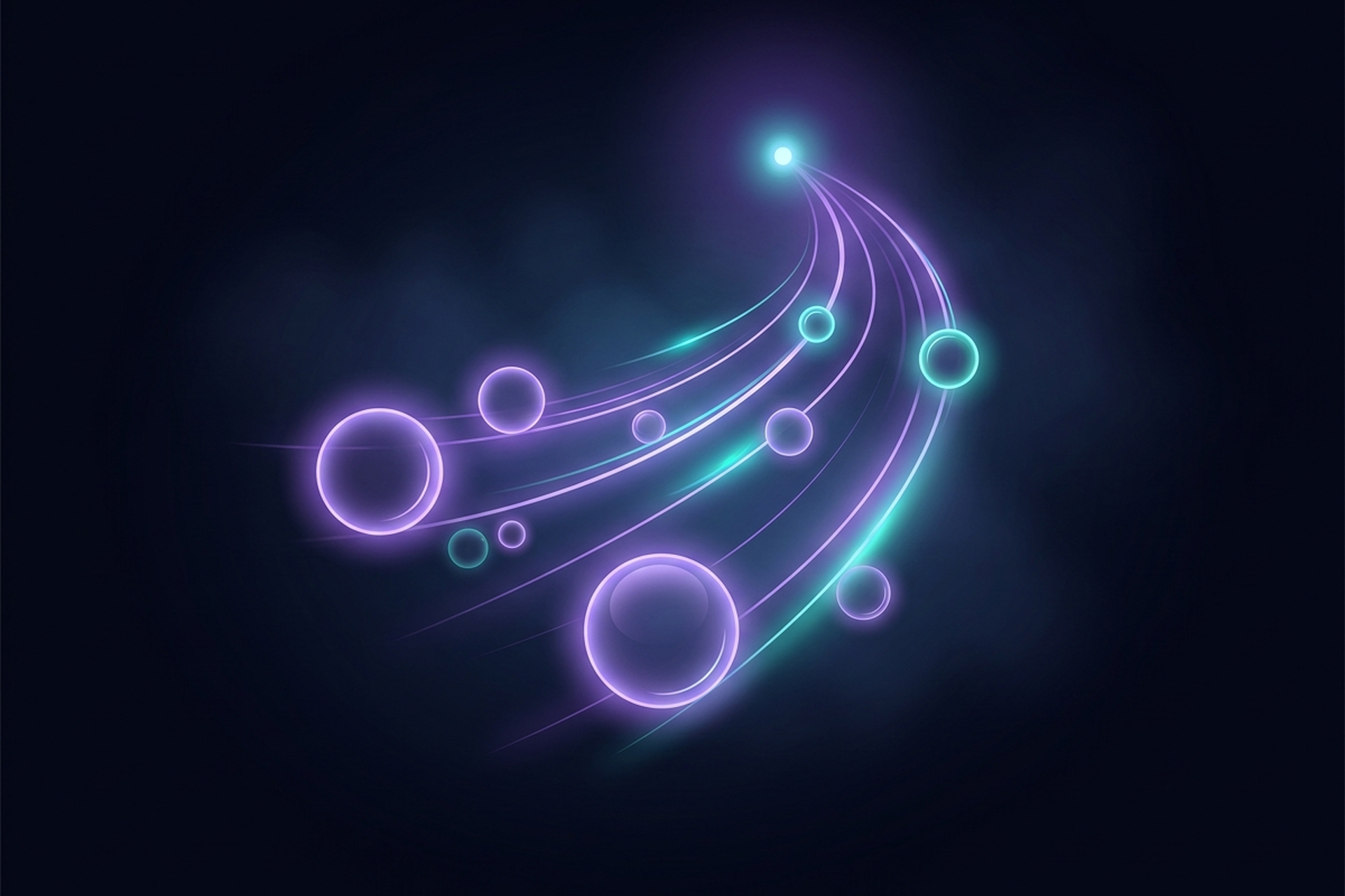 Dark cinematic neon-line illustration of glowing purple, lavender, and cyan orbs of varying sizes flowing along curved light paths that converge toward one bright focal point, suggesting studies moving through an ordered queue