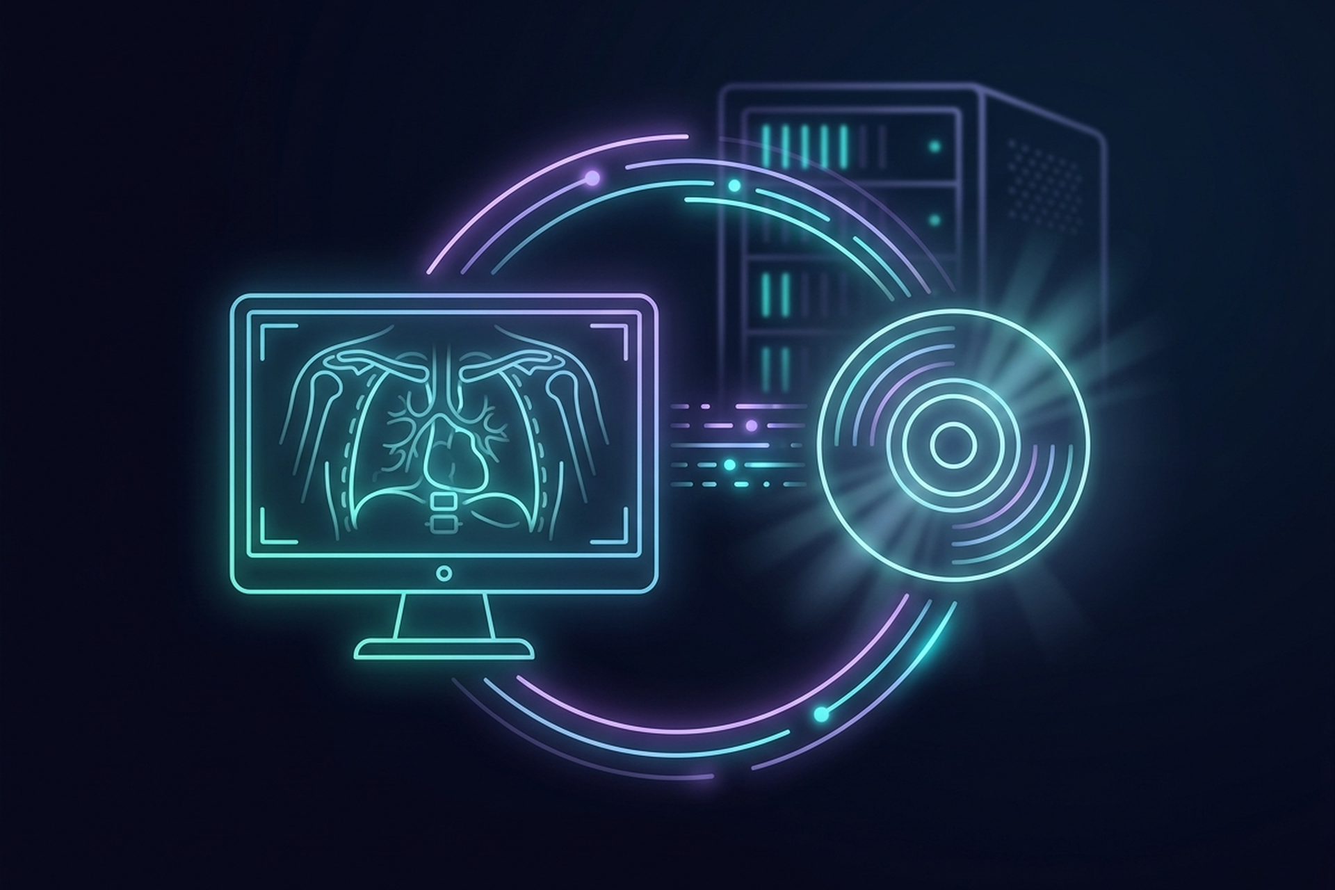Dark cinematic neon-line illustration of a glowing radiology workstation monitor displaying a chest CT scan, linked by a circular arc of purple and cyan light to a glowing disc icon made of concentric rings, with a softly lit server rack in the background