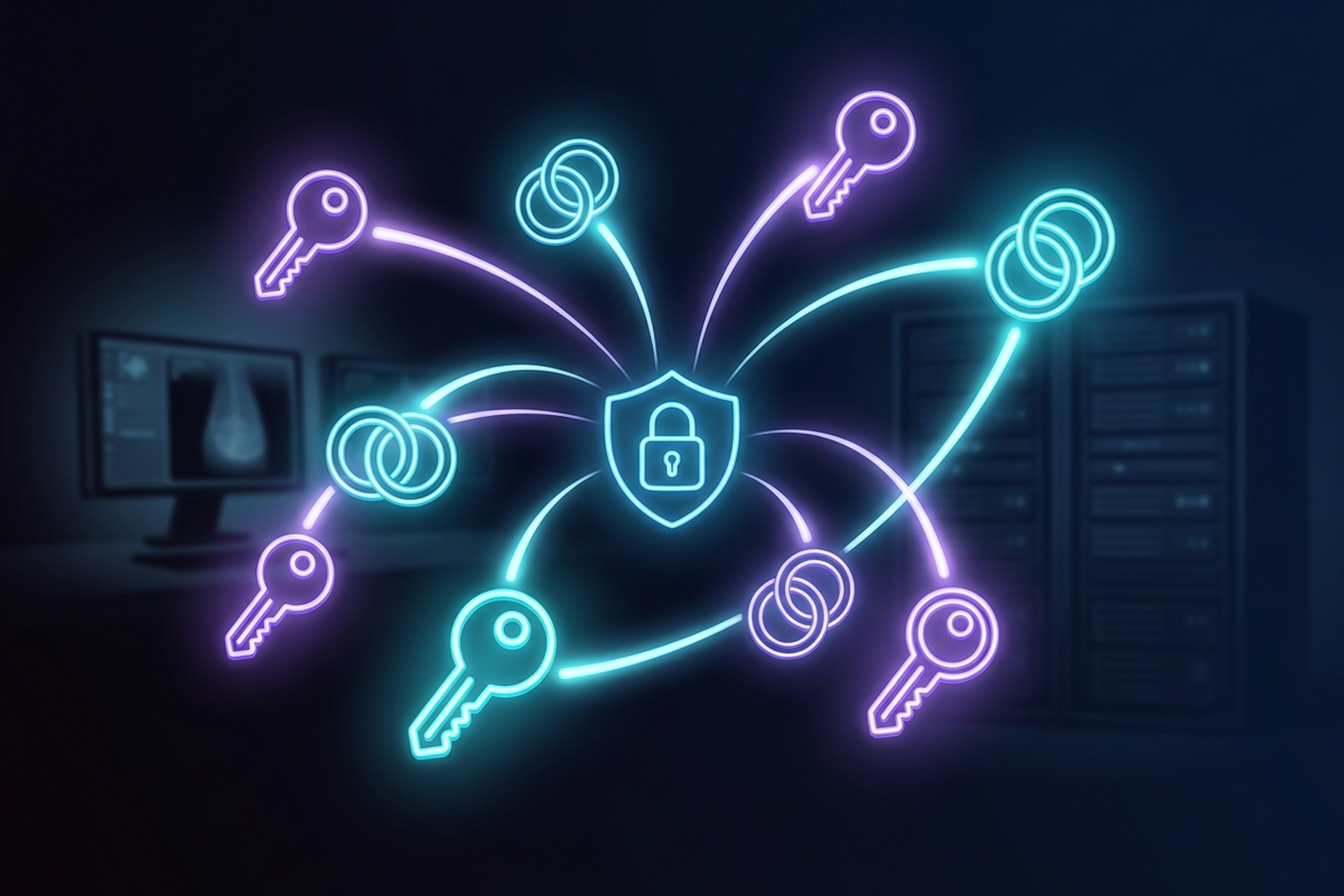 Dark cinematic neon-line illustration of glowing access key and interlocking ring icons connected by arcs of purple and cyan light, converging on a central glowing shield lock shape, with a softly blurred radiology workstation monitor and server racks in the background