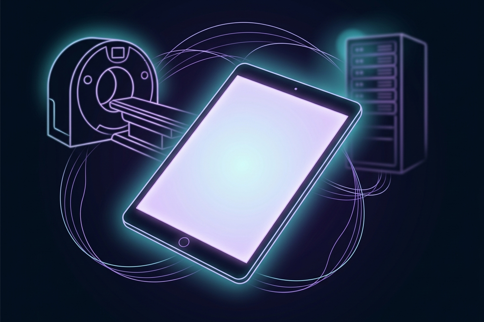 Dark cinematic neon-line illustration of a glowing tablet with a blank luminous screen, connected by purple and cyan light arcs to a stylized CT scanner outline and a softly blurred server rack