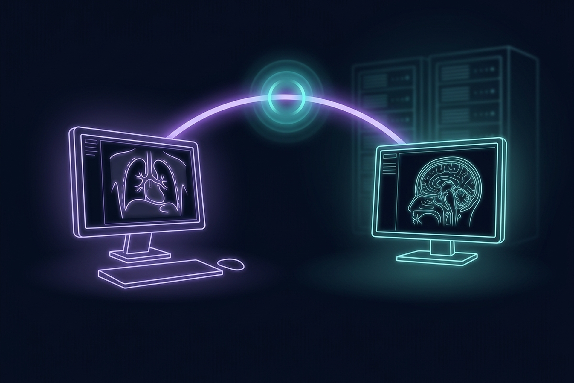 Dark cinematic neon-line illustration of two glowing radiology workstation monitors, one displaying a chest CT scan and the other a brain MRI, connected by a purple and cyan light arc with a soft pulsing radiating ring at its center signaling an alert in transit, softly glowing server racks in the background