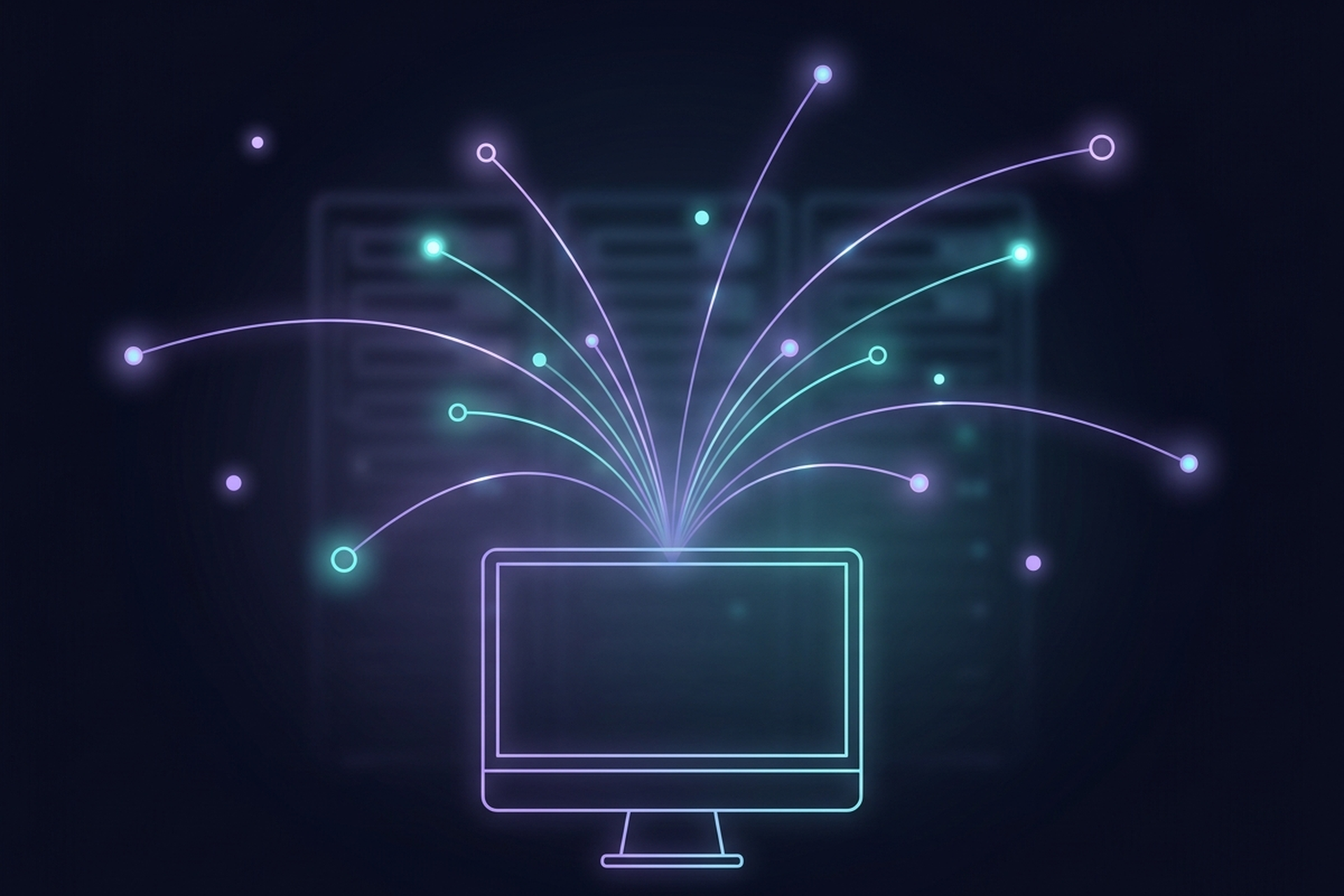 Dark cinematic neon-line illustration of glowing data nodes representing study volume, turnaround, and referral activity, connected by arcing purple and cyan light into a converging constellation above a softly lit radiology workstation and server racks