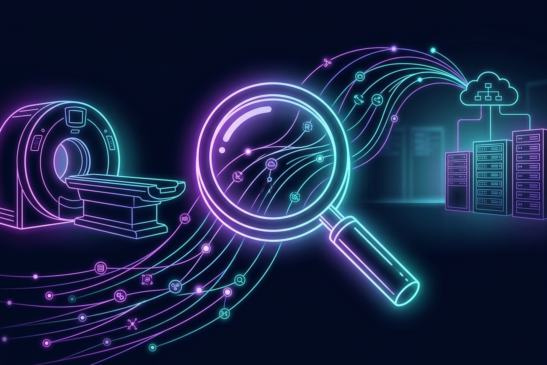 Dark cinematic neon-line illustration of a glowing magnifying glass over streams of glowing DICOM data nodes, connected by purple and cyan arcs to a CT scanner outline and a softly lit server rack in the background