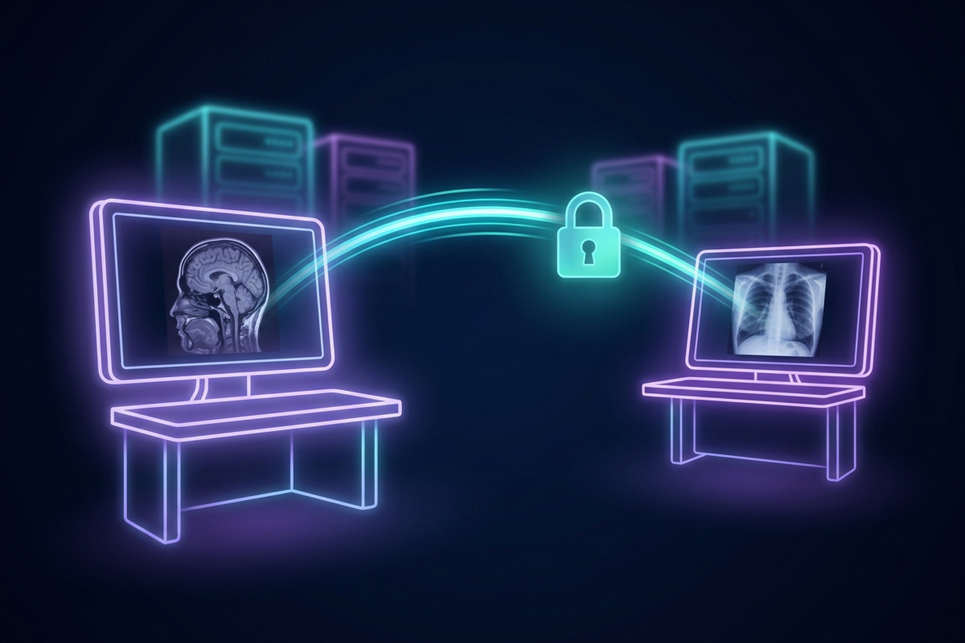 Dark cinematic neon-line illustration of two glowing workstation monitors, one displaying a brain MRI and the other a chest X-ray, connected by a purple and cyan light arc with a closed padlock at its center, softly glowing server racks in the background