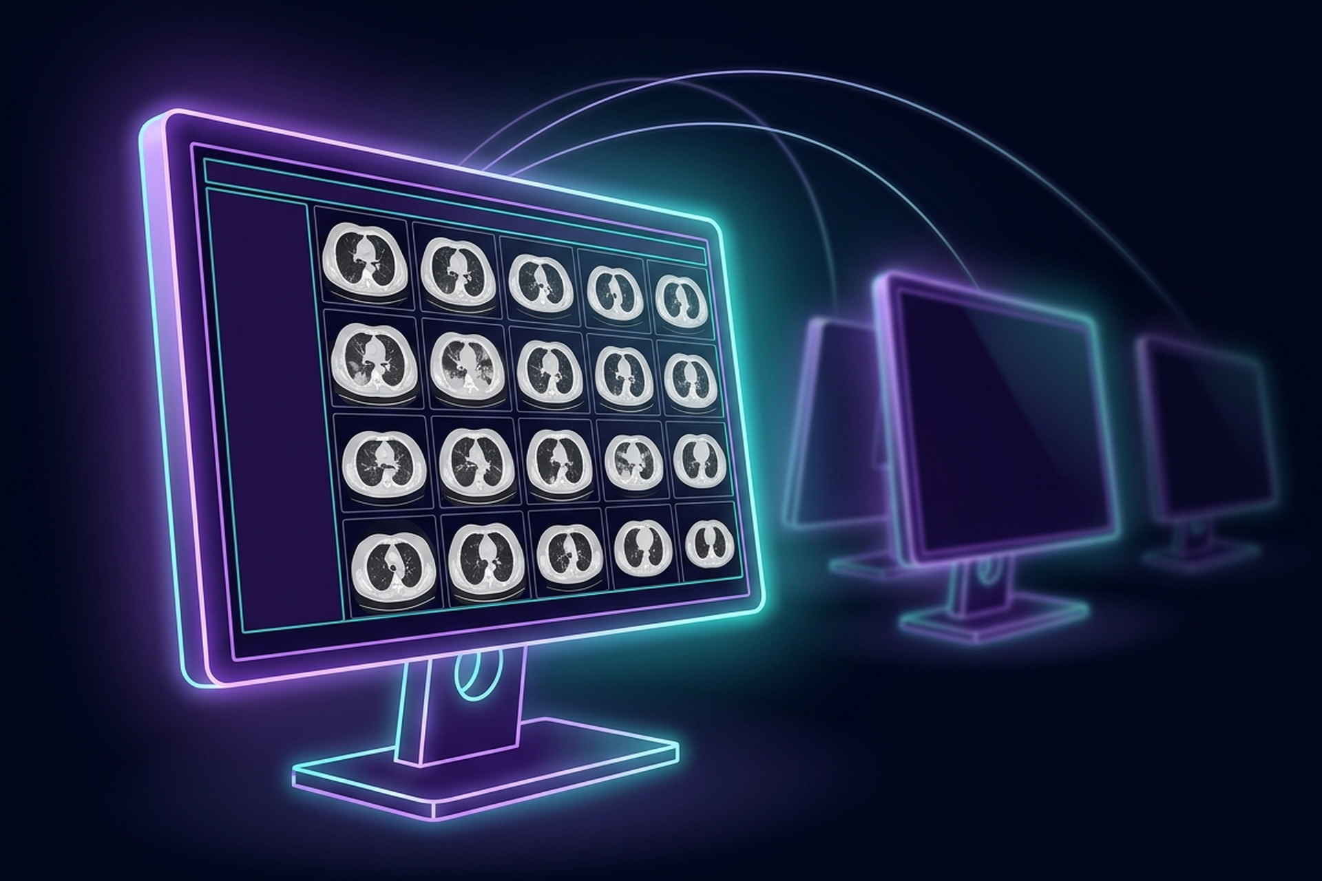 Dark cinematic neon-line illustration of a single radiology workstation monitor in sharp focus displaying a clean grid of chest CT thumbnails, glowing purple and cyan outline style, with additional monitors fading into soft blur in the background, connected by glowing arc lines