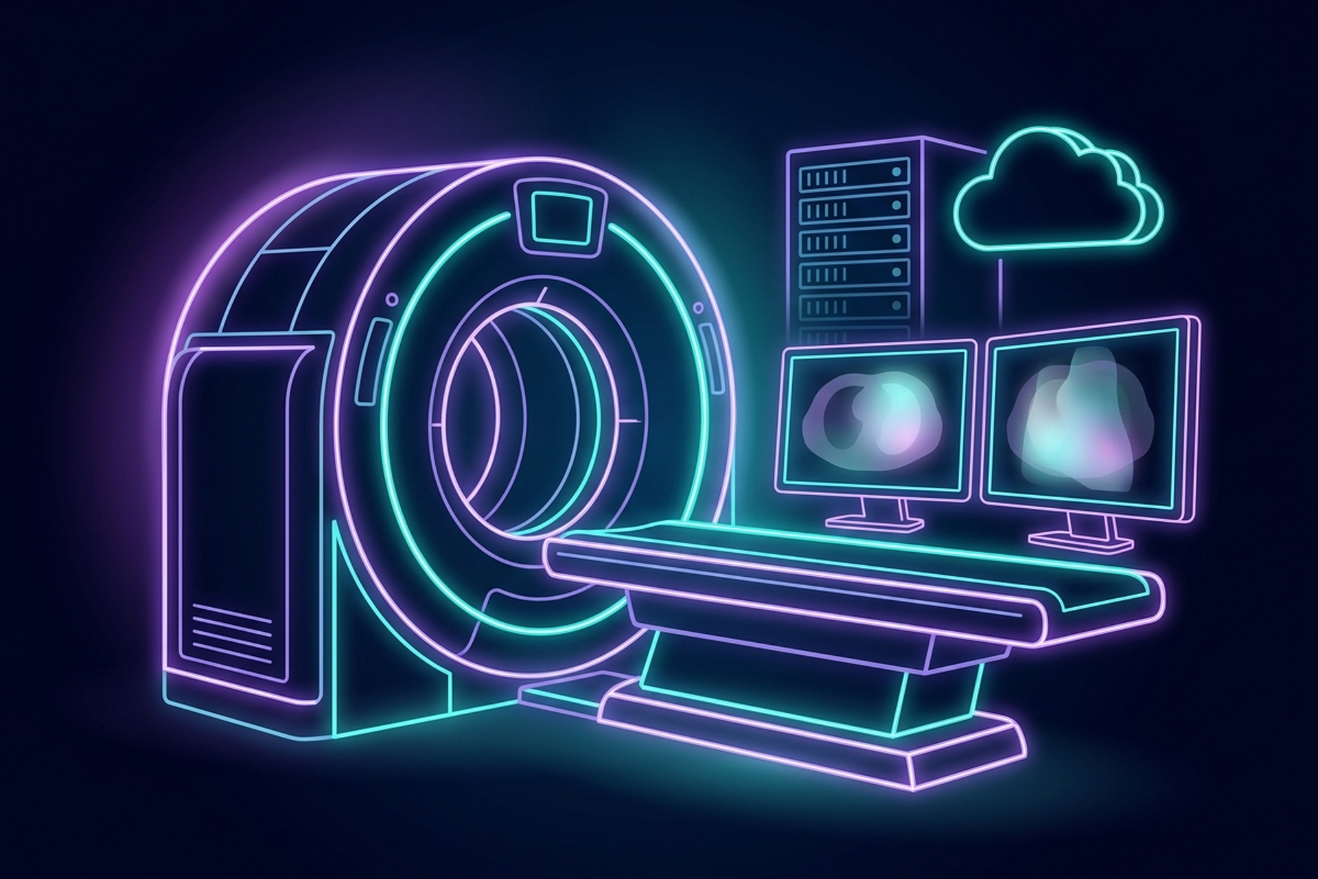 Dark cinematic neon-line illustration of a fused PET-CT scanner gantry with dual acquisition rings in purple and cyan, paired reading monitors showing overlaid translucent scan silhouettes for current and prior studies, with server and cloud icons suggesting long-term oncology imaging retrieval